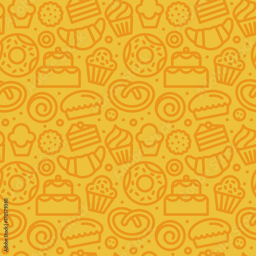 Vector seamless pattern with linear icons and illustrations related to bakery, cafe, cupcake shoplors