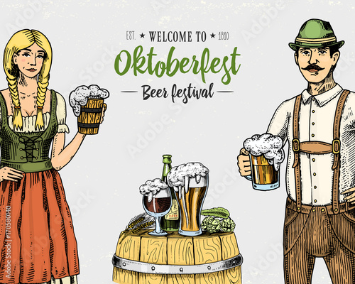 A woman and man in traditional Belgian or Bavarian clothes with beer. engraved in ink hand drawn in old sketch and vintage style for web or pub menu. design of oktoberfest on gray background.