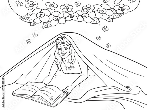 Girl Reading Book With Flashlight Under The Blanket On Bed