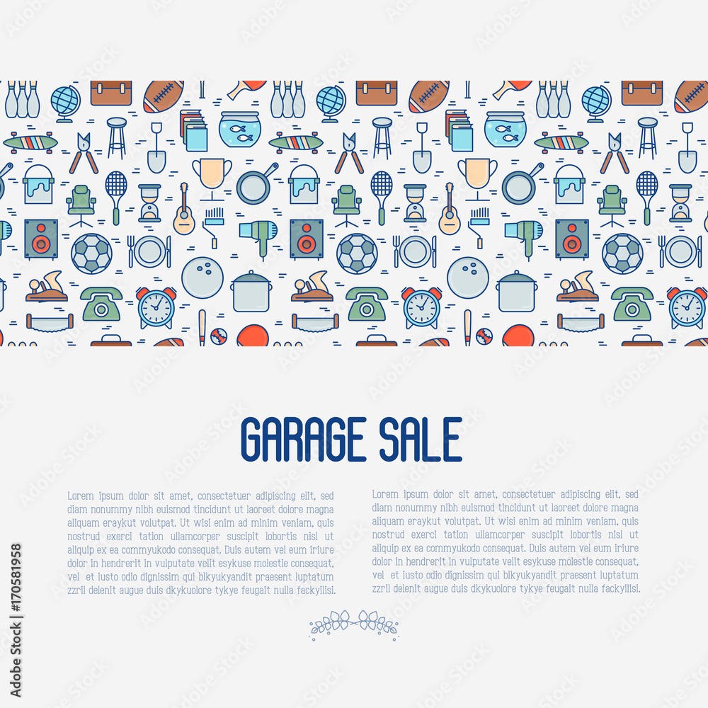 Garage sale or flea market concept with place for text. Thin line vector illustration for banner, web page, print media. Garage sale or flea market concept with place for text. Thin line vector illustration for banner, web page, print media.