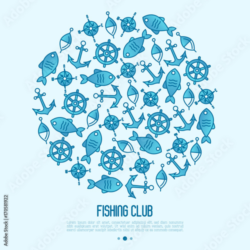 Fishing club concept in circle with fish, bobber and anchor. Marine background with thin line icons. Template for design banners, postcard, invitation.