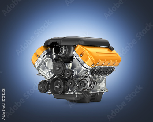 Automotive engine gearbox assembly on dark blue gradient background 3D