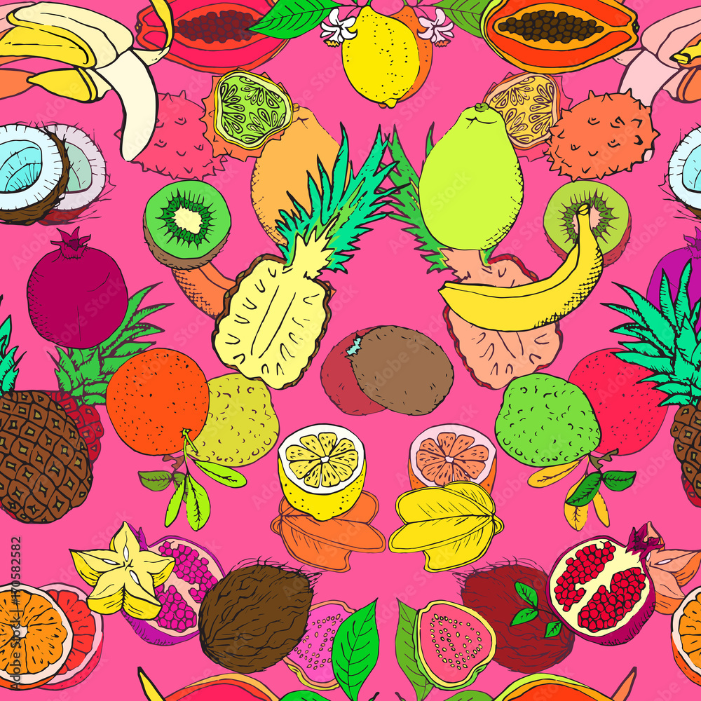 Naklejka Tropical fruits, seamless pattern design, hand drawn doodle, sketch in pop art style, color illustration, pink background