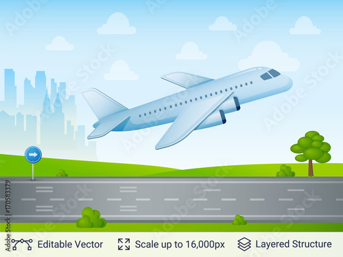 Departing airplane on runway.