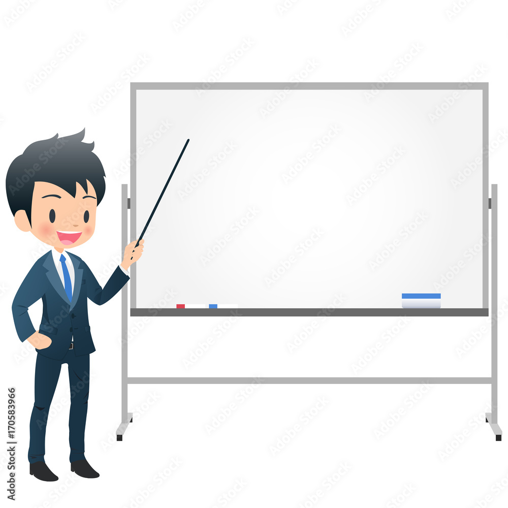 ホワイトボードを使って説明するスーツ姿の若い男性ビジネスマン
