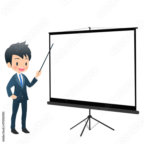 スクリーンを使って説明するスーツ姿の若い男性ビジネスマン