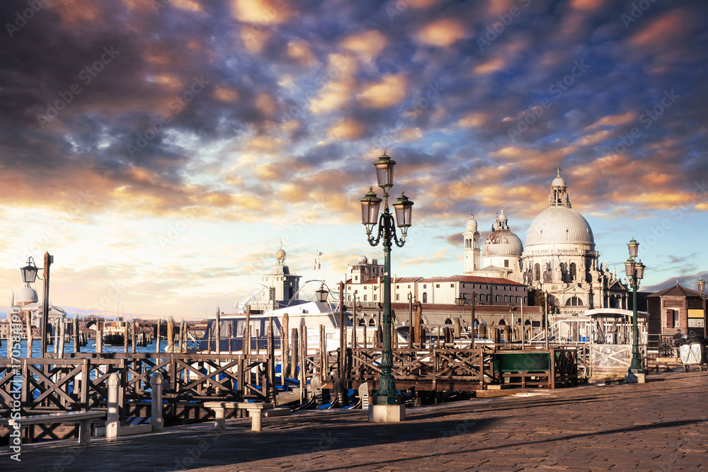 Gondolas on Grand canal in Venice, San Giorgio Maggiore church. San Marco.