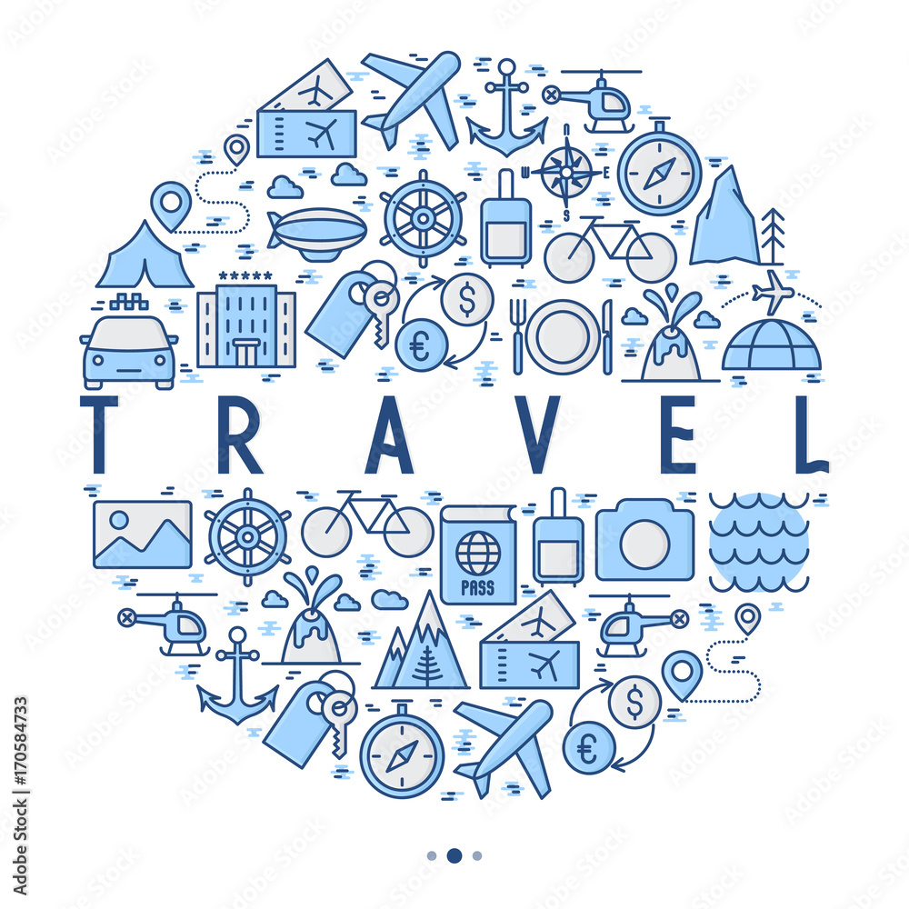 Travel and vacation concept in circle with thin line icons: plane, tickets, hotel, sights and place for text. Vector illustration for banner, web page, print media.