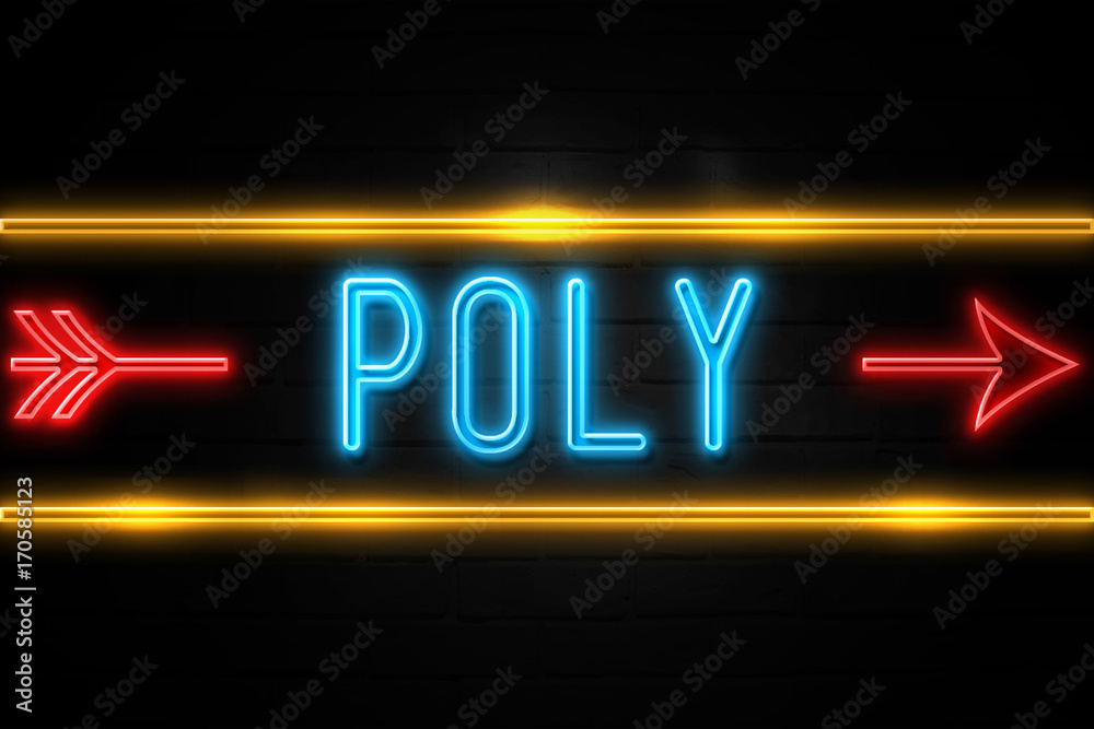 Poly  - fluorescent Neon Sign on brickwall Front view