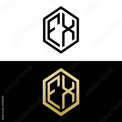 initial letters logo fx black and gold monogram hexagon shape vector