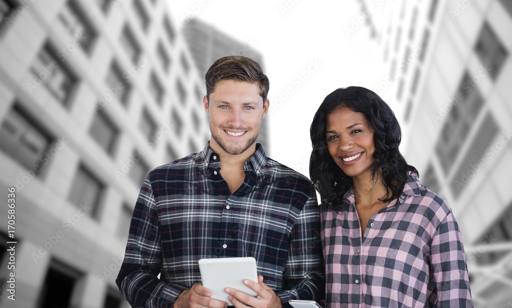 Composite image of portrait of smiling co-worker posing with Composite image of portrait of smiling co-worker posing with
