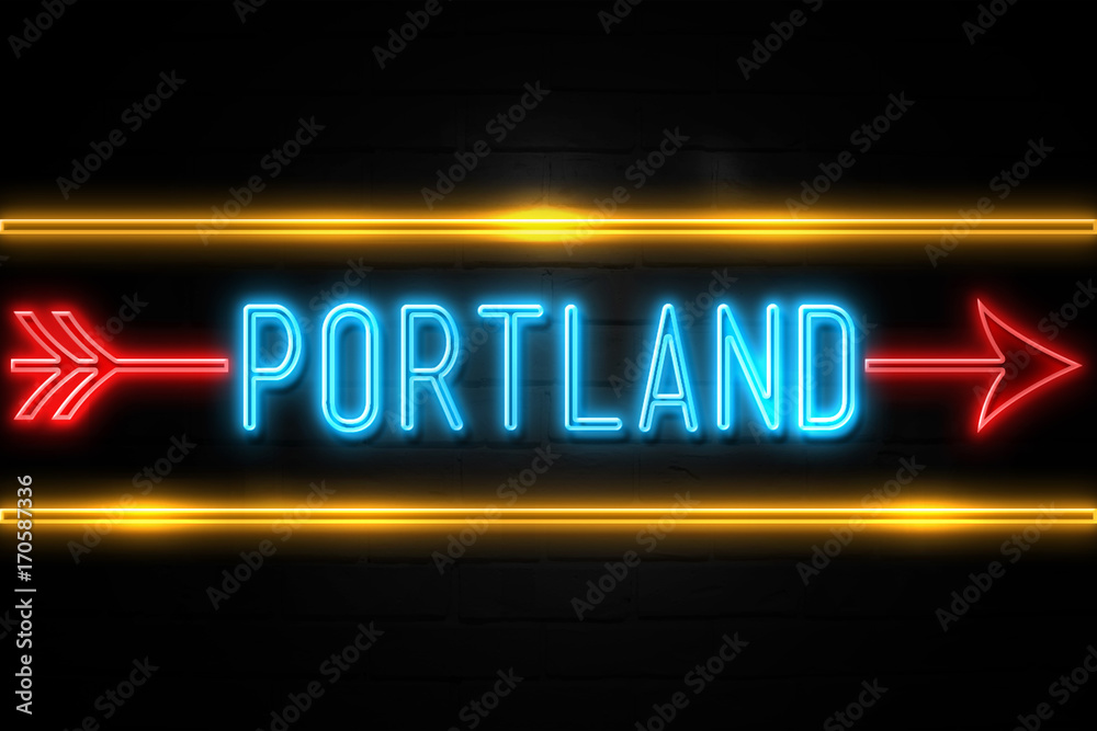 Portland  - fluorescent Neon Sign on brickwall Front view