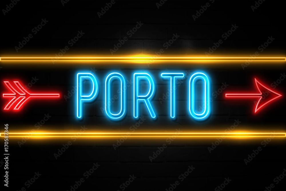 Porto - fluorescent Neon Sign on brickwall Front view Porto - fluorescent Neon Sign on brickwall Front view