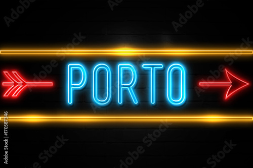 Porto - fluorescent Neon Sign on brickwall Front view