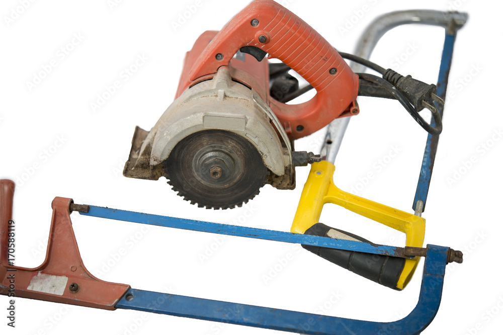 unior hacksaw with orange and yellow plastic handle isolated on white , Electric iron cutting machine unior hacksaw with orange and yellow plastic handle isolated on white , Electric iron cutting machine