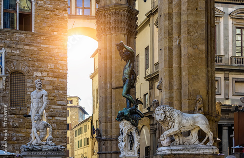 Sculpture of Loggia dei Lanzi and Palazzo Vecchio on Piazza della Signoria in Florence, Italy.
