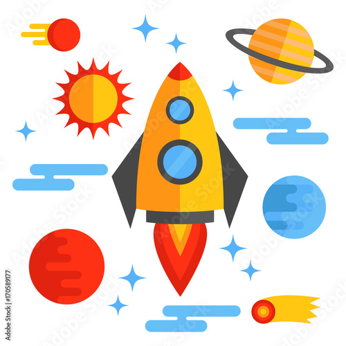 Outer space flat vector space ship rocket sun planets