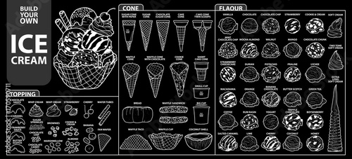 Set of isolated all part of ice cream for build your own style. Cute hand drawn in white outline and black plane.