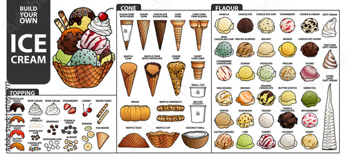 Set of isolated all part of ice cream for build your own style. Cute hand drawn in colorful and black outline. photo