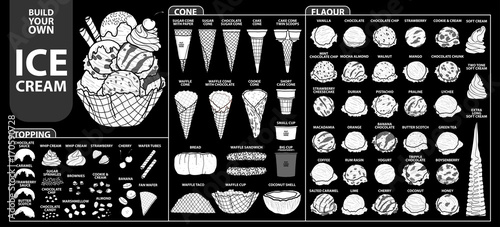 Set of isolated all part of ice cream for build your own style. Cute hand drawn in white silhouette and black outline.