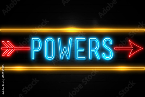 Powers - fluorescent Neon Sign on brickwall Front view