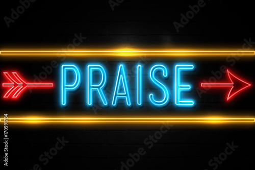 Praise - fluorescent Neon Sign on brickwall Front view