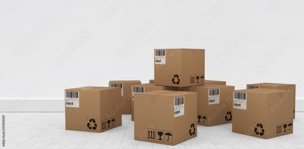 Composite image of group of graphic cardboard boxes