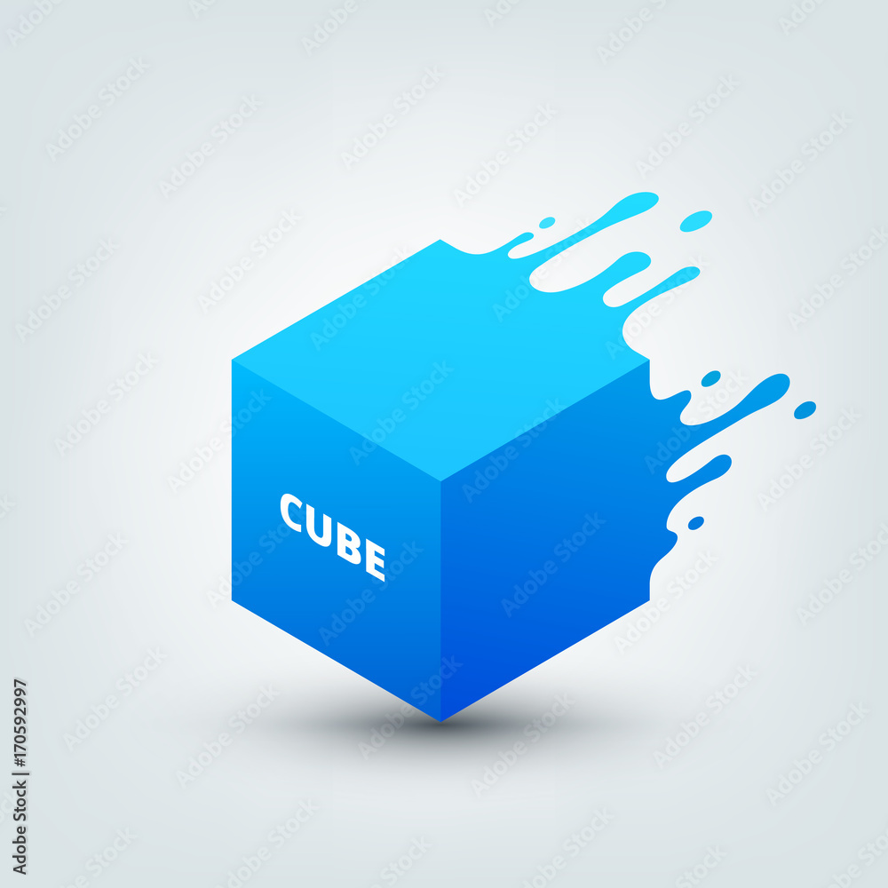 Vector illustration of abstract colored 3d cube. Abstract splash, liquid shape. Background for poster, cover, banner, placard. Logo design