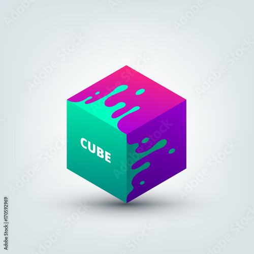 Vector illustration of abstract colored 3d cube. Abstract splash, liquid shape. Background for poster, cover, banner, placard. Logo design