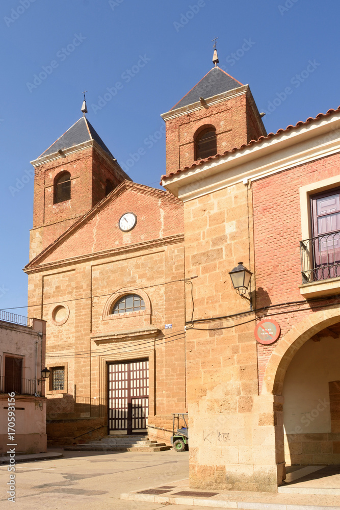 El Salvador church and town hall in Villanueva del Campo, Tierra de Campos Region, Zamora province, Castilla y Leon, Spain