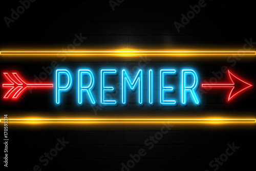 Premier  - fluorescent Neon Sign on brickwall Front view photo