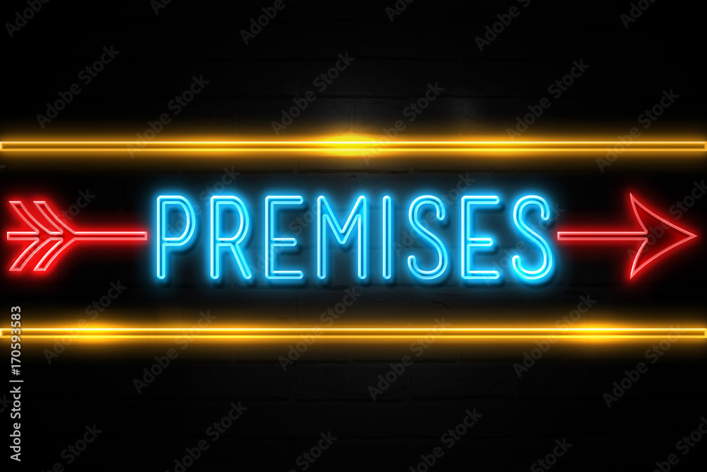 Premises  - fluorescent Neon Sign on brickwall Front view