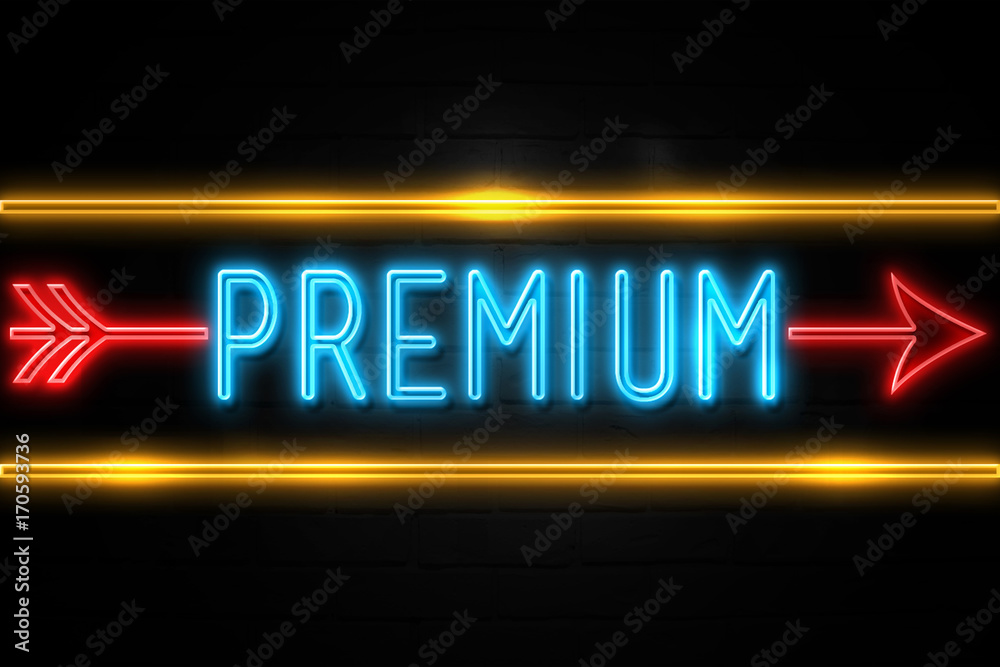 Premium - fluorescent Neon Sign on brickwall Front view Premium - fluorescent Neon Sign on brickwall Front view