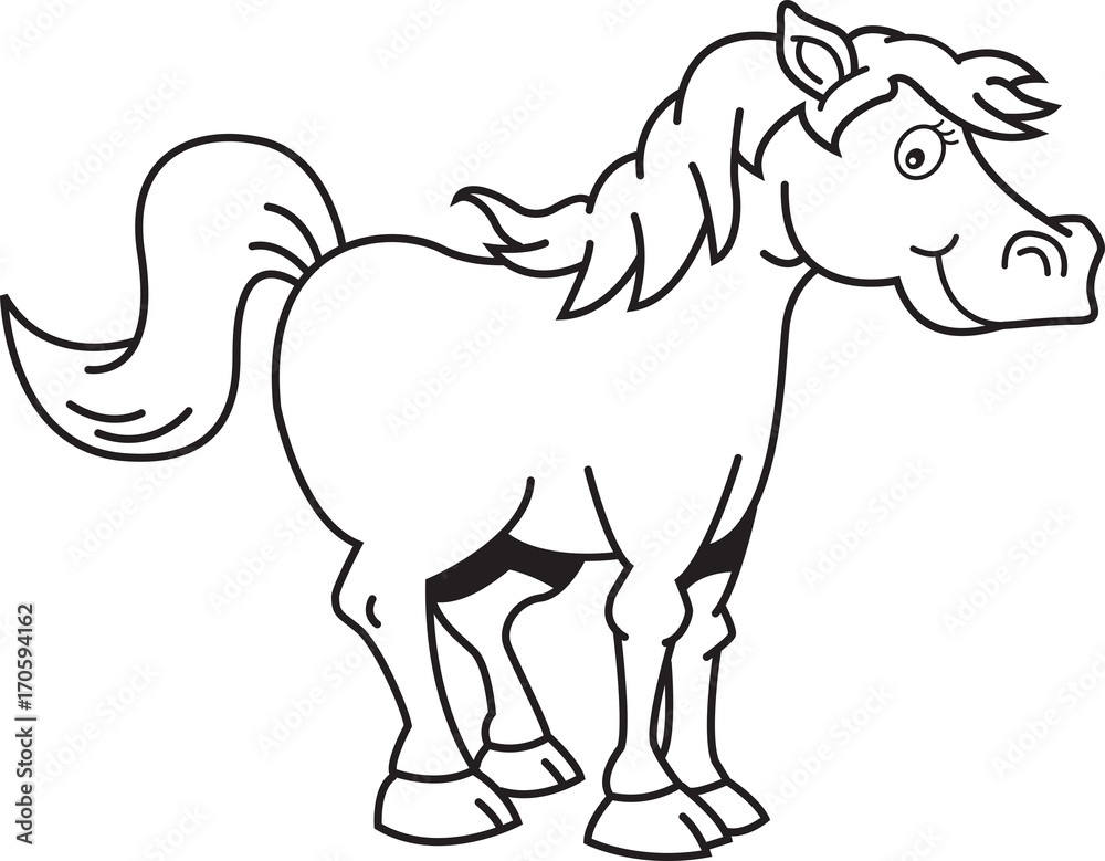 Black and white illustration of a happy horse.