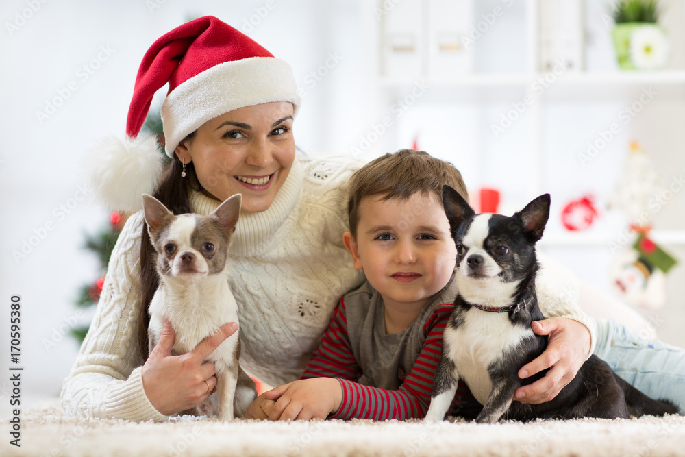 Happy family Christmas. Mother, child son and dogs celebrating winter holidays at home. Happy family Christmas. Mother, child son and dogs celebrating winter holidays at home.