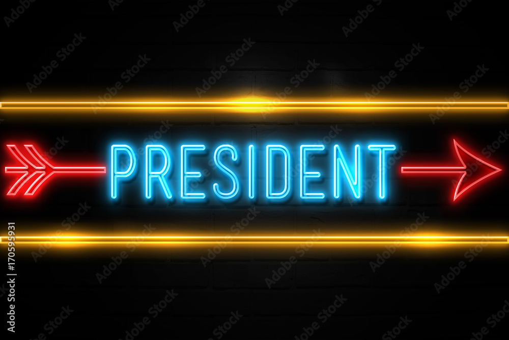 President  - fluorescent Neon Sign on brickwall Front view