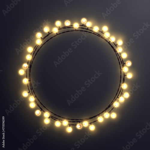 Light string Christmas wreath. Vector decorative design element.