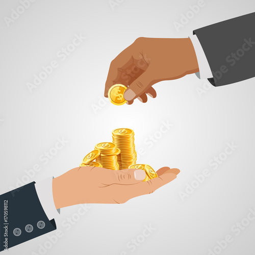 Businessman gives man a gold coin. Vector illustration