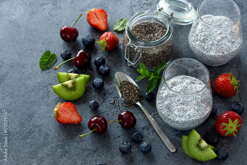 Chia pudding with berries, healthy breakfast, vitamin snack, diet and healthy eating