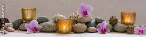 Photo panoramic still life for harmony in spa, massage or yoga