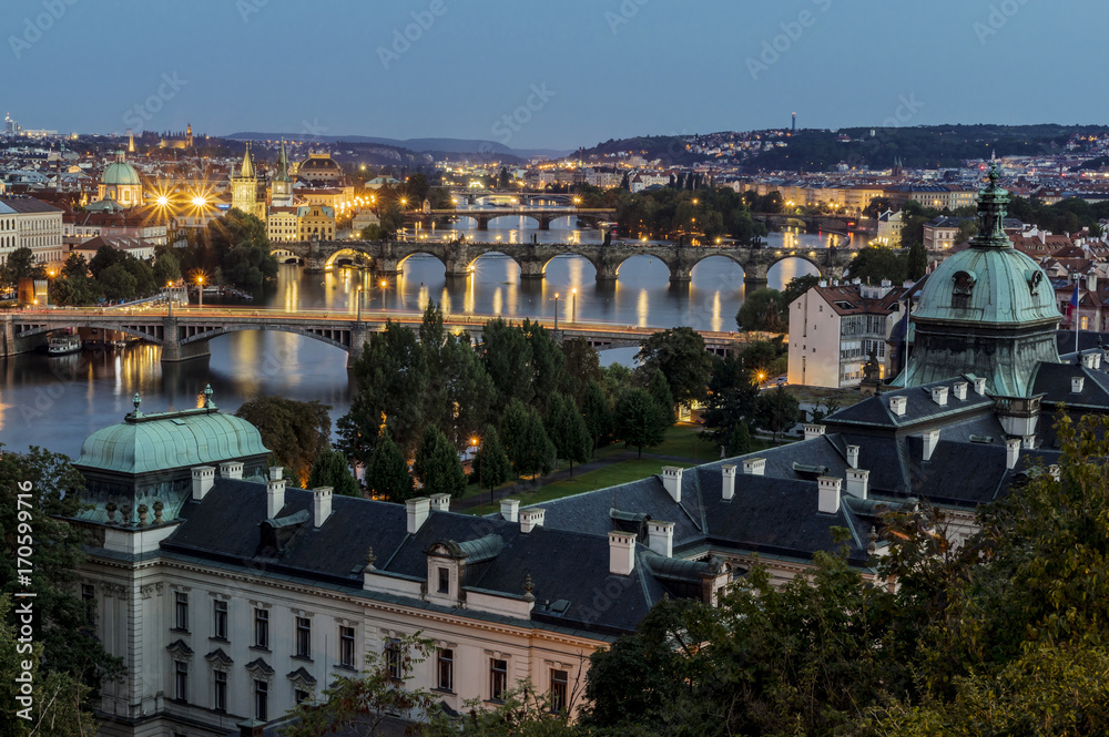 Dusk view on Prague and its bridges
