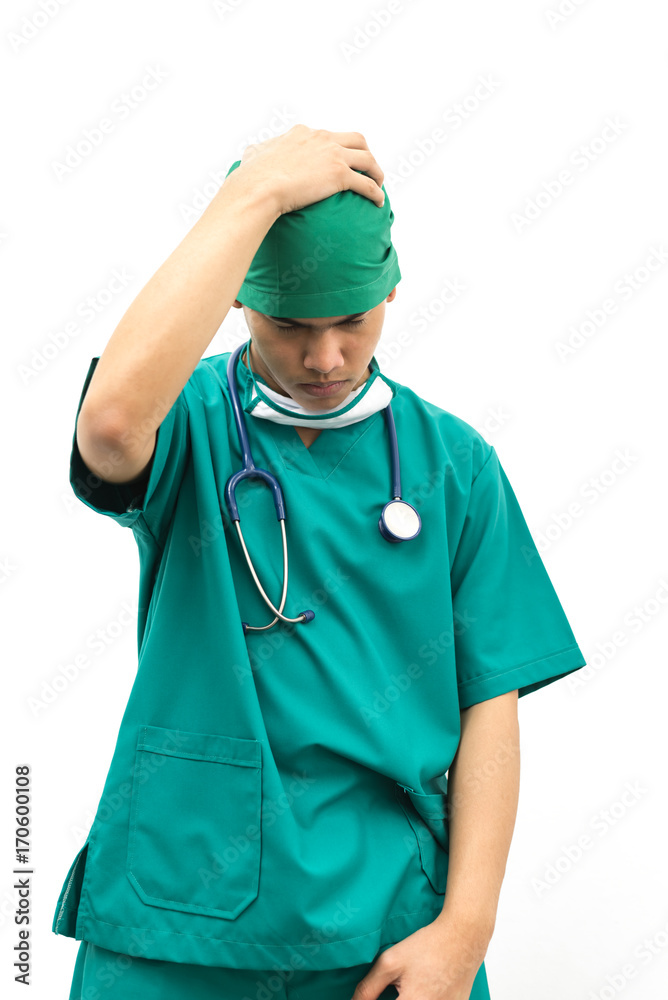 Closeup portrait of a thoughtful, confident young male doctor with stethoscope ,he feel seriously. isolated on a white background. Patient health care and insurance plan concept Closeup portrait of a thoughtful, confident young male doctor with stethoscope ,he feel seriously. isolated on a white background. Patient health care and insurance plan concept