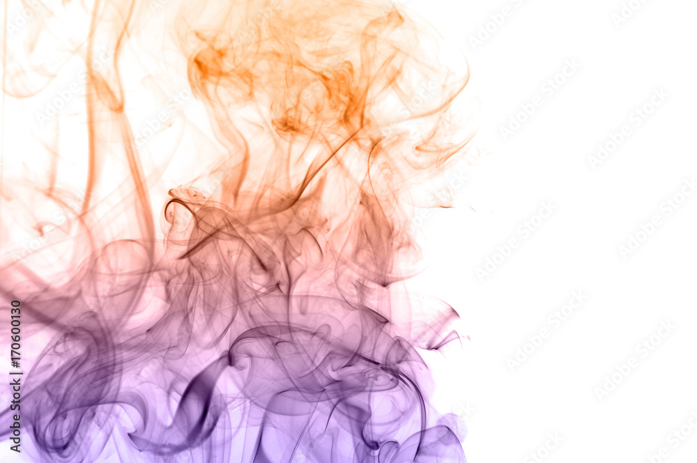 Movement of smoke,orange and purple smoke on white background,  smoke background,orange and purple ink background,smoke background ,beautiful  smoke