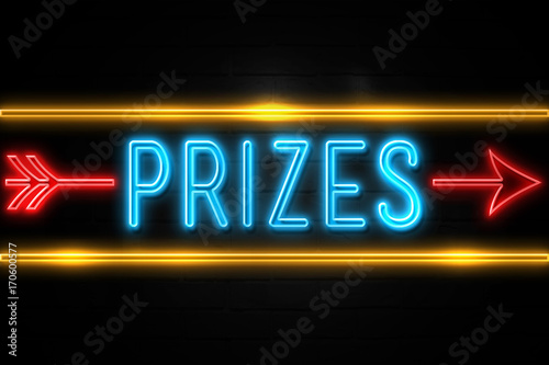 Prizes  - fluorescent Neon Sign on brickwall Front view