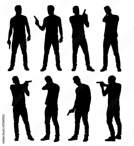 Set of young male policeman, spy or criminal holding, pointing and aiming hand gun in different poses. Easy editable layered vector illustration.  