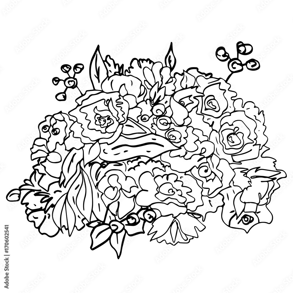 Fototapeta premium Black flowers contour for design, coloring books pages, wedding cards, invitations, congratulations, birthday. Flower bouquet for decoration, prints, posters, scrapbook, pattern, fabric, textile.