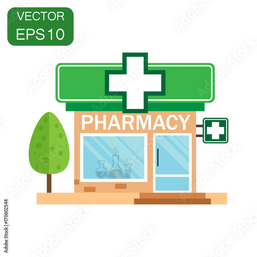 Pharmacy drugstore shop icon. Business concept store pharmacy pictogram. Vector illustration on green background with long shadow.