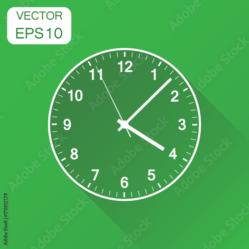 Clock icon. Business concept office alarm clock pictogram. Vector illustration on green background with long shadow.