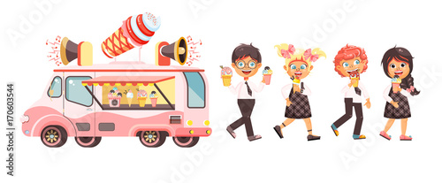 Fototapeta Vector illustration isolated characters children, pupils, schoolboys, schoolgirls eat ice cream, car refrigeration, truck sale manufacture vanilla, chocolate, popsicles sweet meals in flat style
