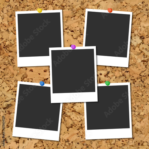 Cork board with photo cards and color pin